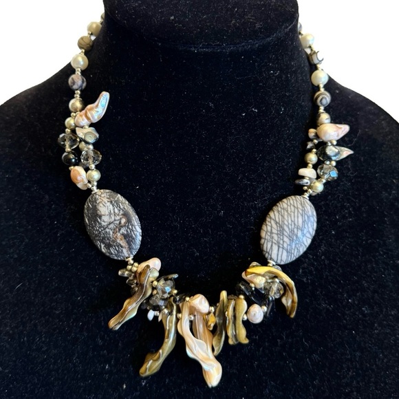 Abalone Shell, Zebra Jasper, Fresh Water Blister Pearl Beaded Statement Necklace - Picture 1 of 16